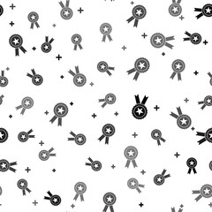 Black Award medal with star and ribbon icon isolated seamless pattern on white background. Winner achievement sign. Champion medal emblem. Success symbol. Vector Illustration