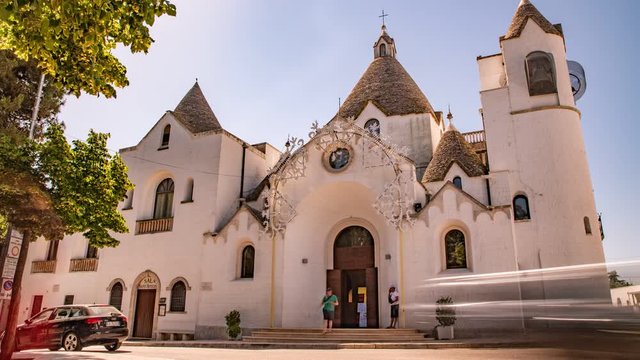 Trullo church of St. Antonio. Alberobello, Puglia, Italy. Time-lapse.