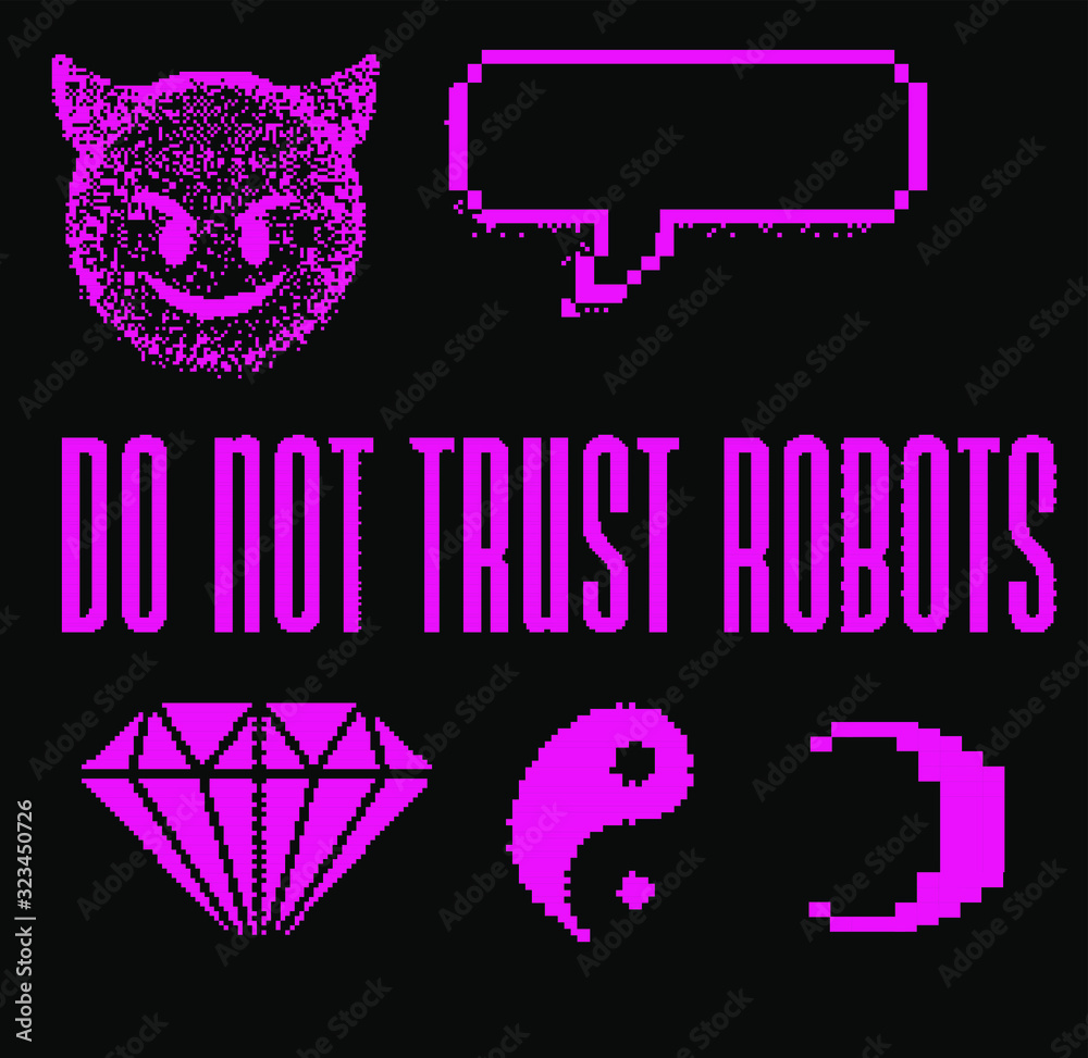 Aufkleber set of different stickers: stars and sparkles, speech bubbles with text in pixel art 8-bit webpunk s