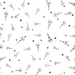 Black Magnifying glass and check mark icon isolated seamless pattern on white background. Magnifying glass and approved, confirm, done, tick, completed symbol. Vector Illustration