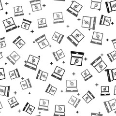 Black Laptop and gears icon isolated seamless pattern on white background. Laptop service concept. Adjusting app, setting options, maintenance, repair, fixing laptop concepts. Vector Illustration