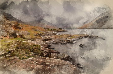 Digital watercolor painting of Wast Water in UK Lake District during moody Spring evening