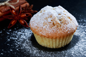 white muffin with powdered sugar