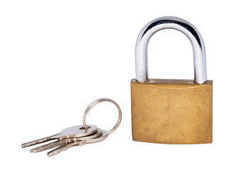 Lock and key on keychain isloated on white background