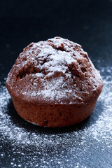 chocolate muffin with powdered sugar