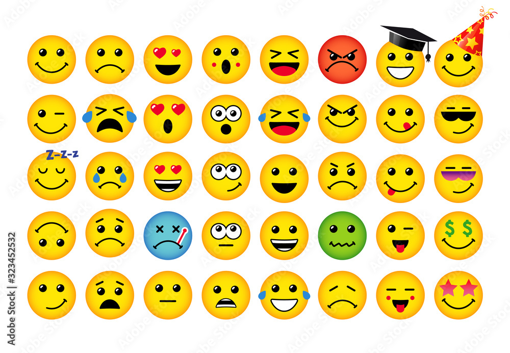 Fototapete set of emoticon icons. yellow round shape emoji. isolated abstract graphic design template. internet