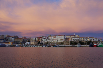The harbor with fishing boats and in the background the old village, Termoli, Molise, Italy