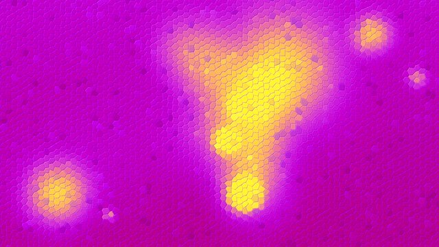 Low poly abstract background with bright flashes and arbitrary motion of spots with a loop.