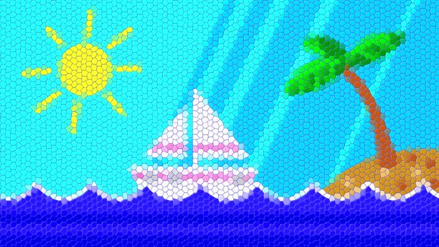 Low poly animated seascape background in the style of a flat simple pattern with an island and a palm tree, a sun with rays and a white ship sailing on the sea.