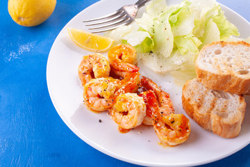 Grilled tiger shrimps in spices, sweet and sour sauce
