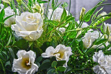 Composition with bouquet of freshly cut flowers