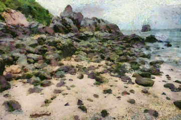 The beach has rocks and sand, there are small hills with green trees Illustrations creates an impressionist style of painting.