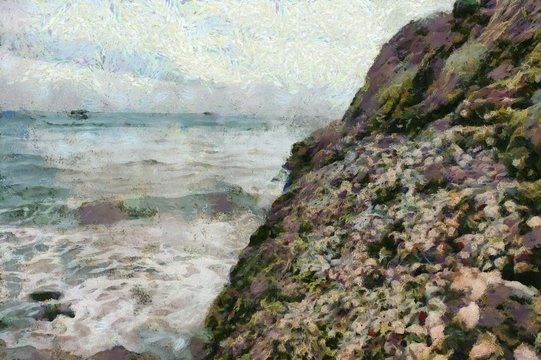 Beaches with rocks and sand and ocean waves Illustrations creates an impressionist style of painting.