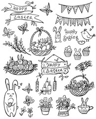 Set of doodle easter elemetns isolated on white. Basket with colored eggs, rabbit, carrots, flower, cake, candle, chick. Vector illustration. Perfect for coloring book, greeting card, print.