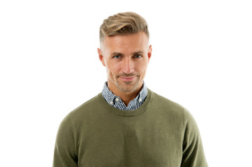 Good grooming is a must. Man isolated on white. Caucasian man with unshaven face hair. Handsome man...
