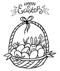 Hand drawn basket with colored eggs and rabbit on white background. Happy Easter. Vector. Spring holiday card. Perfect for coloring book, print, greeting card.