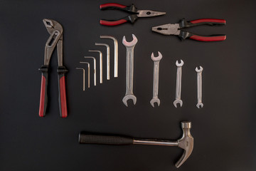 Set of tools, Many tools are on black background