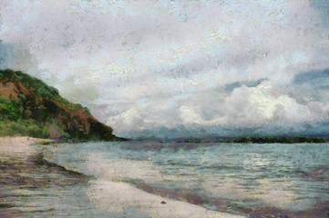 The beach has low hills covered with trees Illustrations creates an impressionist style of painting.