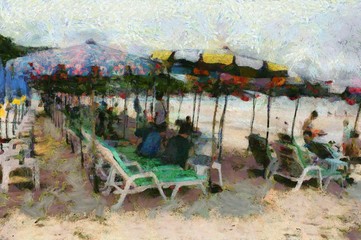 Obraz premium The beaches and tourists are swimming and relaxing Illustrations creates an impressionist style of painting.