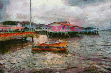 The harbor at the time of rain is falling Illustrations creates an impressionist style of painting.