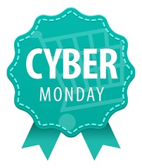 Cyber Monday label with a seam and ribbons icon isolated on white background.