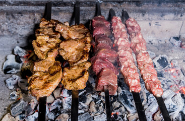 Delicious beef and pork barbecue on grill. Georgian restaurant.