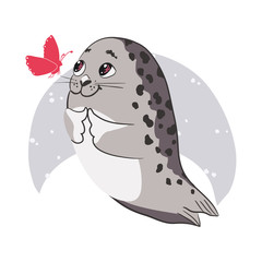 Cute cartoon baby Seal, Harp Seal Pup. Graphic print for t-shirt. Vector illustration