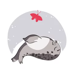Poster Cute cartoon baby Seal, Harp Seal Pup. Graphic print for t-shirt. Vector illustration © tanyalmera