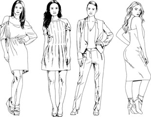 vector drawings on the theme of beautiful slim sporty girl in casual clothes in various poses painted ink hand sketch with no background