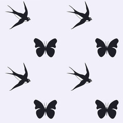 Swallows and butterflies - black on a light background - art, vector. Pattern
