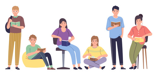 Readers. People reading modern literature, book lovers. Read hobby for smart men and women in library. Educational vector characters