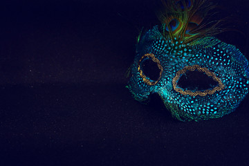 Photo of elegant and delicate Venetian mask covered with peacock feathers over dark glitter...