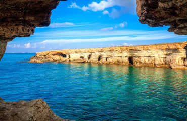 View from sea cave near Cape Greko(Capo Greco) of Ayia Napa and Protaras on Cyprus island, Mediterranean Sea.