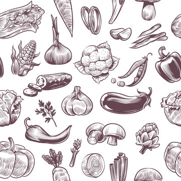 Vegetables seamless pattern. Vintage hand drawn harvest vegetables, healthy organic food sketch, farm natural product vector texture