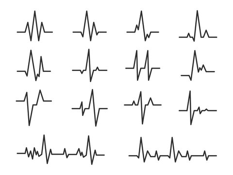 Ecg. Sinusoidal pulse lines, frequency heartbeat stress testing life, monitor with signal graphic pulsing, cardiogram heartbeat logo vector set