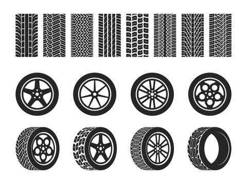 Wheel tires. Car trace imprints, vehicle track or auto race tire, motorcycle racing wheels patterns graphic elements vector set