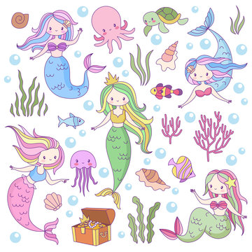 Cute mermaids. Adorable fairytale underwater princesses mythological sea creatures. Fishes, turtle and treasure, octopus vector game characters
