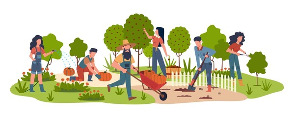 People in garden. Agricultural workers doing farming job harvesting with garden tools. Collecting fruits, watering vegetables vector background