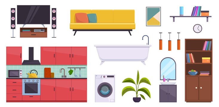 Flat furniture. Sofa, lamps and pictures, bath, bookcase and washbasin. Tv, washer and kitchen home room interior accessories vector set