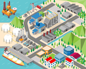 natural gas energy, natural gas power plant with isometric graphic