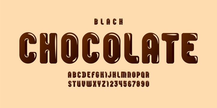 Black Chocolate glossy font, brown alphabet in the cartoon style, tasty rounded letters from A to Z and numbers from 0 to 9 for you designs, vector illustration 10EPS