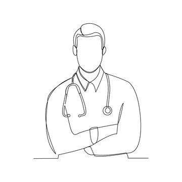 Continuous line drawing of man hospital doctor with stethoscope. Vector illustration.