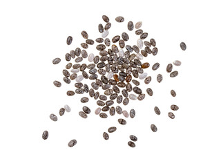 Group of chia seeds spread out seen from above and isolated on white background