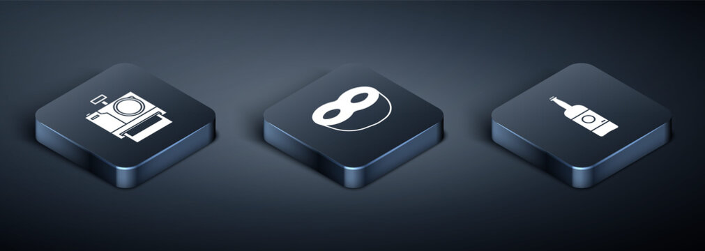 Set Isometric Photo camera , Beer bottle  and Festive mask  icon. Vector - Powered by Adobe