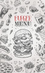 Burger menu design template for restaurant and cafe. Hand drawn doodle sketch of hamburger, coffee, french fries, tacos, burrito, beer and pizza. Vector vintage illustration retro engraving style