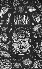 Burger menu design template for restaurants and cafes. White chalk icons on black. Hand drawn hamburger sketch, coffee, french fries, tacos, burritos, beer and pizza. Vector vintage retro art