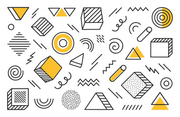 Fototapeta na wymiar Geometric background with different hand drawn abstract shape. Universal trend halftone geometric shapes with yellow elements. Modern vector illustration