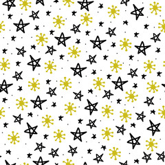 Seamless pattern with hand-drawn stars and golden foil stars, abstraction vector illustration on white background.