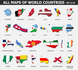 All maps of world countries and flags . Set 5 of 10 . Collection of outline shape of international country map with shadow . Flat design . Vector .