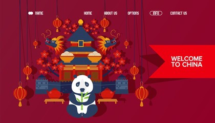 Welcome to China landing page template vector illustration with Chinese traditional symbols like pagoda, dragon, panda with bamboo. Travel website design with asian landmark and oriental architecture.